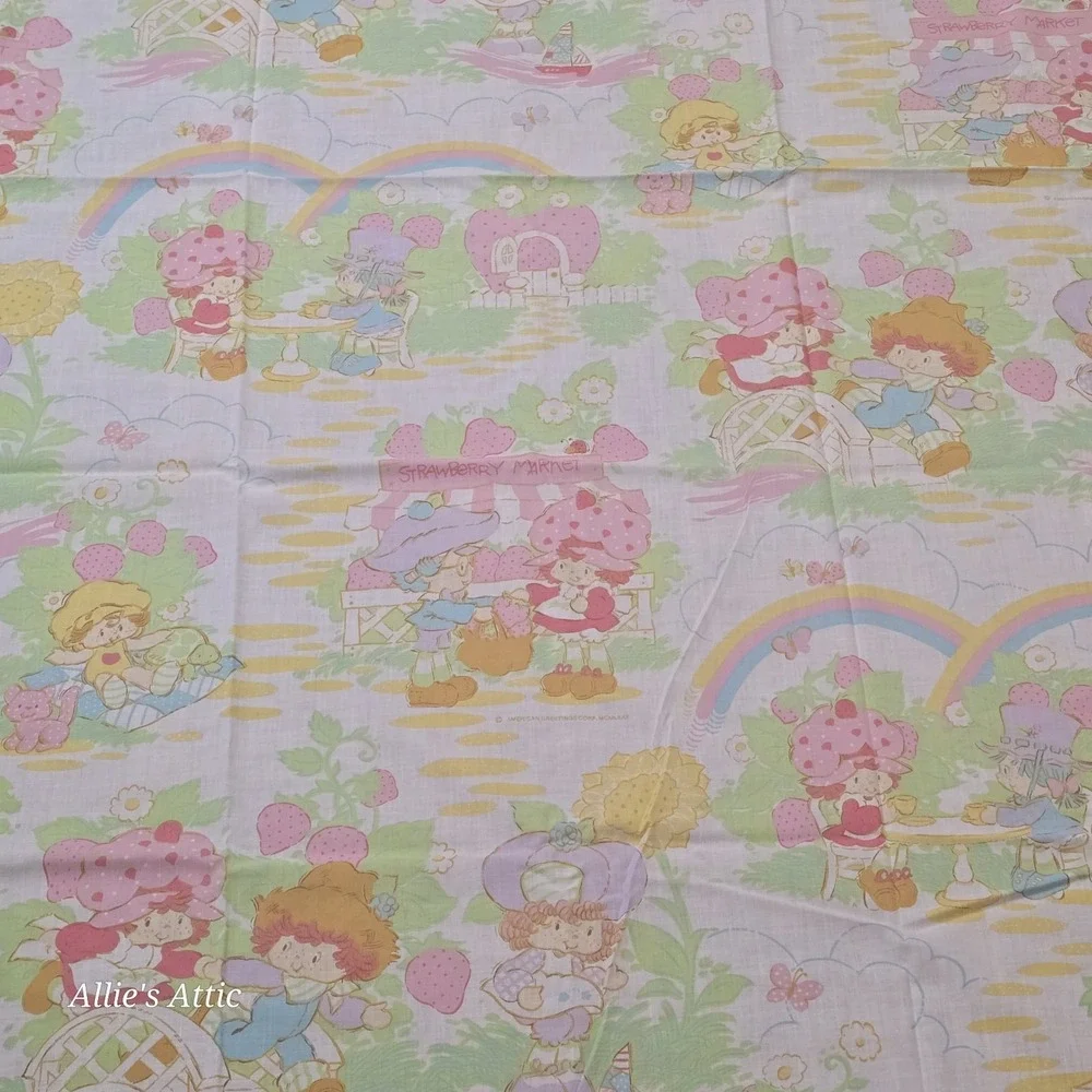 Vintage Strawberry Shortcake Friends Twin Sheet Set Fitted Flat Pillow Case 3 Pc
